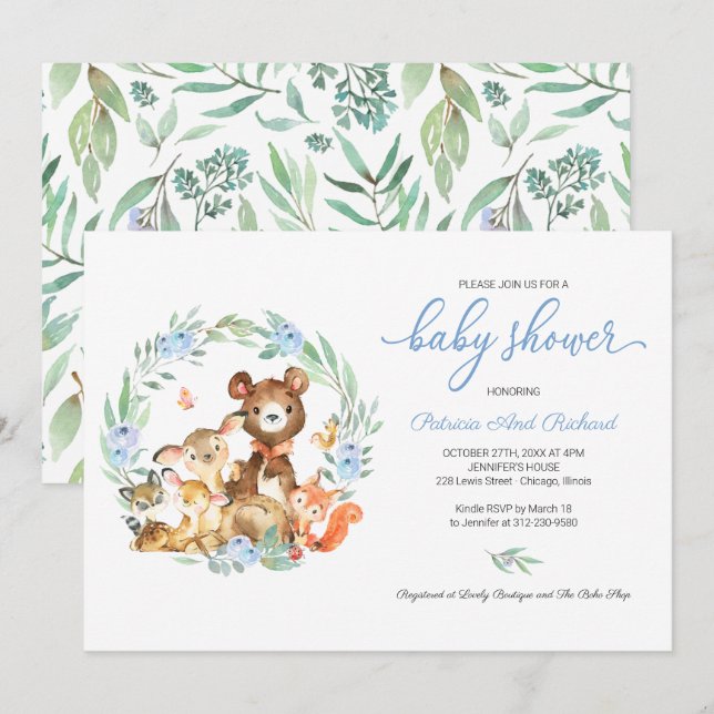 Convite Animais Florestais Lindos Chá de Bebê Verde (Frente/Verso)