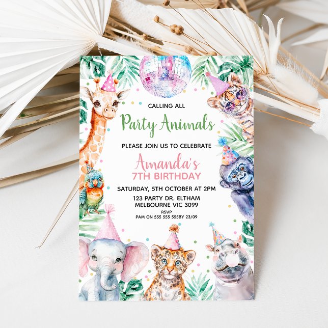 Convite Animais Fluorescentes do Grupo Chamador Safari Ani (Girls Calling All Party Animals Safari Birthday Invitation Template, Editable Safari Birthday Invite)
