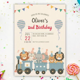 Convite Animais Fofos de Festa em um Trem Encantador