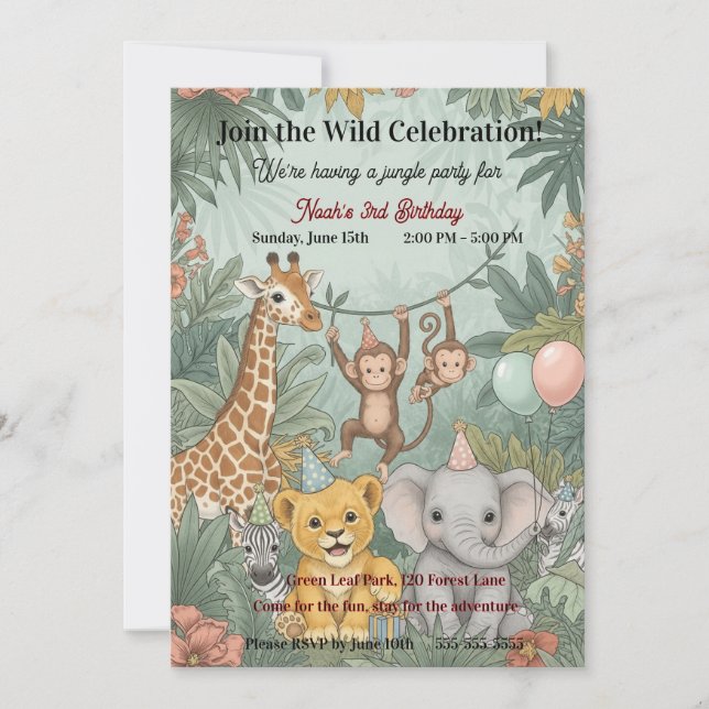 Convite Animais Fofos de Safari na Selva Aniversário de 3  (Frente)