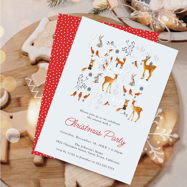 Convite Animais Fofos Festa de Natal do Bosque de Inverno (Cute Animals Winter Woodland Christmas Party Invitation)