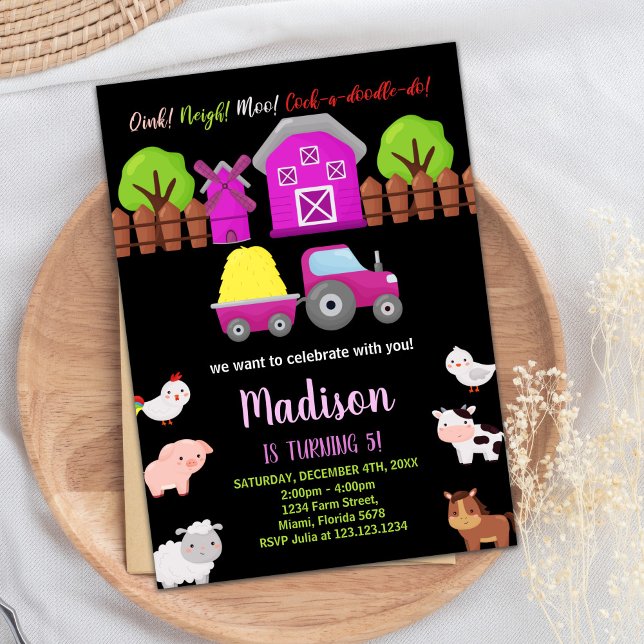 Convite Animais Pretos de Criação de Animais Vermelhos Ros (Pink Black Green Farm Animals Birthday Invitations)