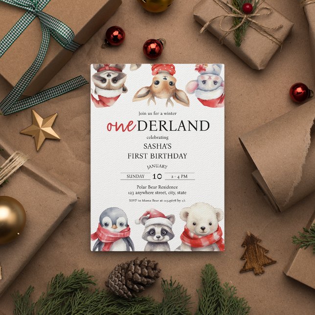 Convite Animais primeiros aniversarios da Holanda do inver (Winter Onederland 1st birthday Christmas Invitation Polar Animals)