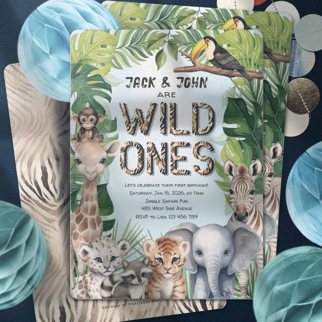 Convite Animais Safari Azul, Gêmeos Selvagens Um primeiro  (Twins blue wild one, safari themed 1st birthday invitation. Jungle animals first birthday invites.)
