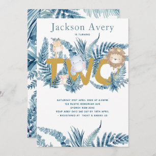 Convite Animais Safari Azul Segundo Aniversário