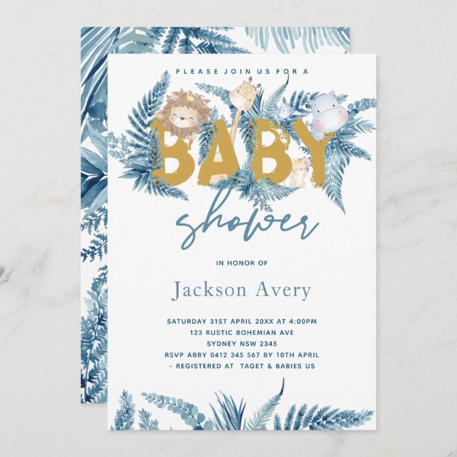 Convite Animais Safari Chá de fraldas Exótico (Frente/Verso)