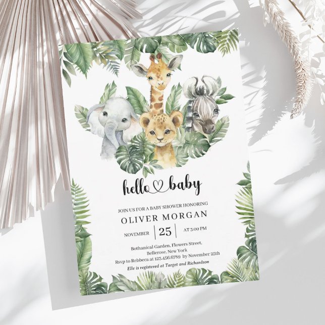 Convite Animais Safari - Chá de fraldas tropical (Safari animals Tropical greenery Boy Baby Shower Invitation)