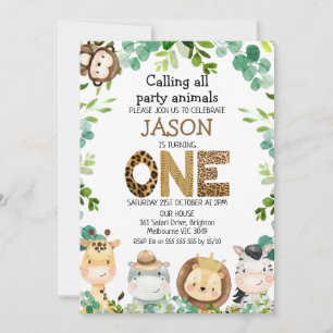 Convite Animais Safari Chamando primeiro aniversario de An