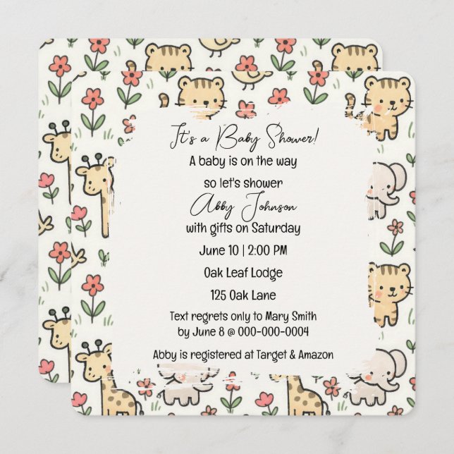 Convite Animais Safari chás de fraldas Com Flores (Frente/Verso)