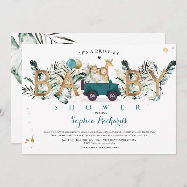 Convite Animais Safari Conduzem Por Chá de fraldas Verde D (Frente/Verso)