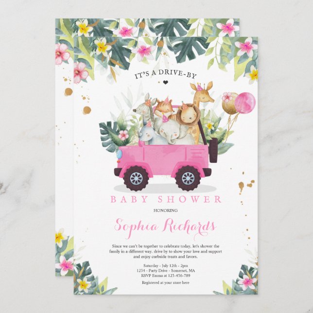 Convite Animais Safari Conduzem Por Chá de fraldas Verde D (Frente/Verso)