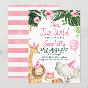 Convite Animais Safari de Menina Ela é Dois Aniversário 