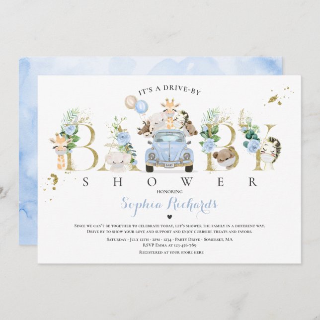 Convite Animais Safari Dirigem Por Chá de fraldas Verde Do (Frente/Verso)