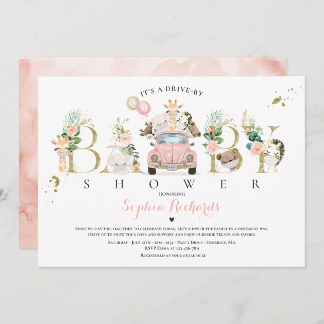 Convite Animais Safari Dirigem Por Chá de fraldas Verde Do (Frente/Verso)