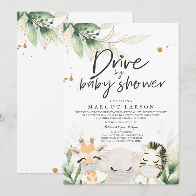 Convite Animais Safari Dourados De Crença Conduzem Por Chá (Frente/Verso)