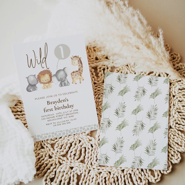 Convite Animais Safari Modernos Selvagens Um primeiro aniv (Modern simple wild one safari animals 1st birthday invitation with balloon and giraffe print pattern)
