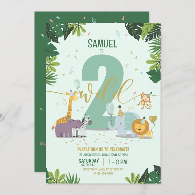 Convite Animais Safari Selvagem Cuta Dois Aniversário Selv (Frente/Verso)