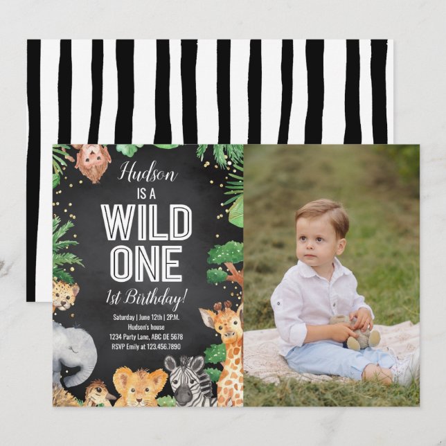 Convite Animais Safari Selvagens Uma Foto Negra De Anivers (Frente/Verso)