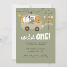 Convite Animais Safari Selvagens Verdes Primeiro Aniversár