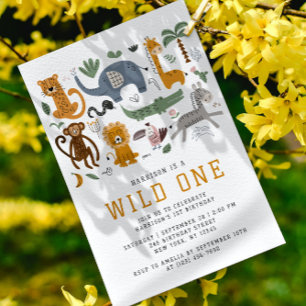 Convite Animais Safari Wild One Aniversário de 1 ano QR