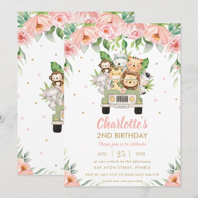 Convite Animais Selvagens Carro-Rosa-Rosa Safari (Frente/Verso)