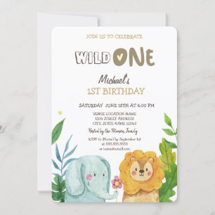 Convite Animais Selvagens Elefante Leão Folhas Aniversário