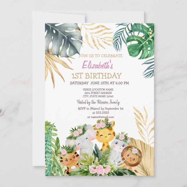 Convite Animais Selvagens Flores da Selva Tropicais 1º (Frente)