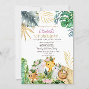 Convite Animais Selvagens Flores da Selva Tropicais 1º