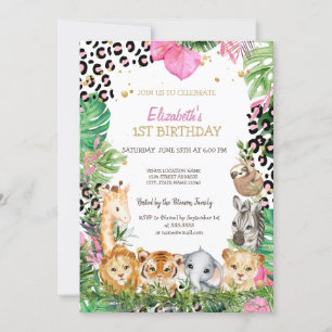 Convite Animais Selvagens Folhas Tropicais da Selva 1º