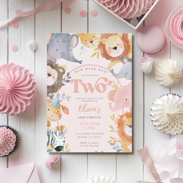 Convite Animais Selvagens Rosa Duas Raparigas Foto Anivers (Criador carregado)