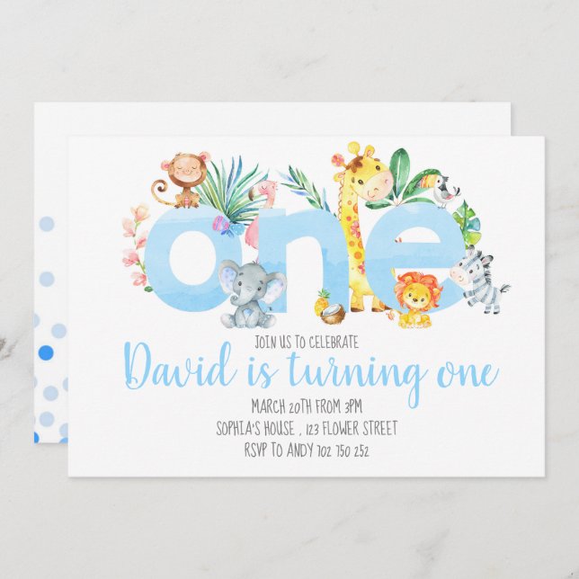 Convite Animais Selvagens Safari Boy primeiro aniversario  (Frente/Verso)