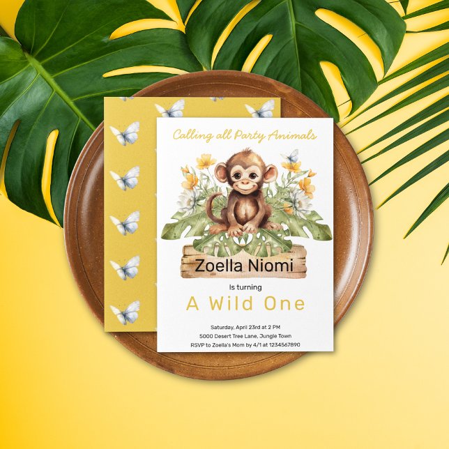 Convite Animais Selvagens Selvagens primeiros aniversarios (Safari Jungle Watercolor Monkey Yellow White Flowers Greenery Butterfly Pattern Birthday Invitation)