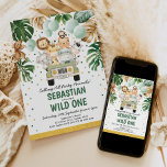 Convite Animais Selvagens Selvagens Tropicais Safari Um An<br><div class="desc">Convite de aniversário com tema Safari,  com verde tropical e água dourada verde e um grupo de animais da selva fofinha</div>