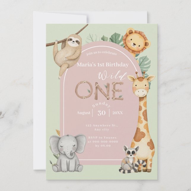 Convite Animais Selvagens Tropicais Rosa Um Safari Selvage (Frente)