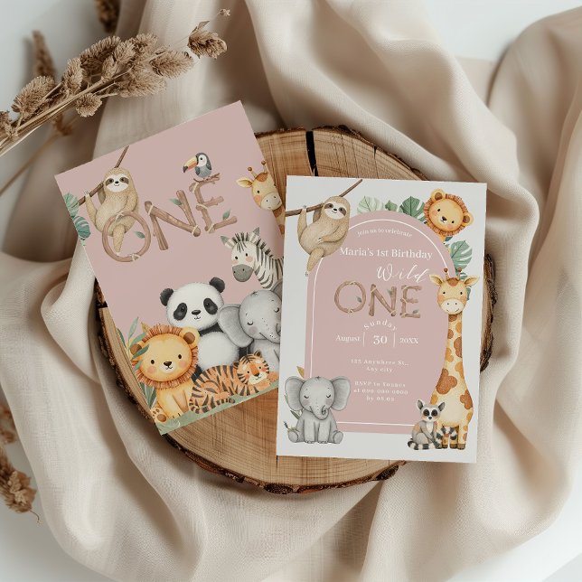 Convite Animais Selvagens Tropicais Rosa Um Safari Selvage (Criador carregado)