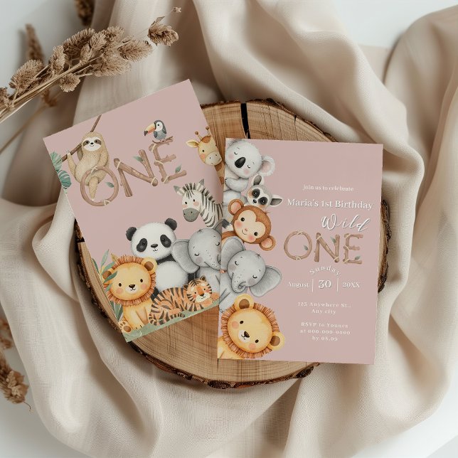 Convite Animais Selvagens Tropicais Rosa Um Safari Selvage (Criador carregado)