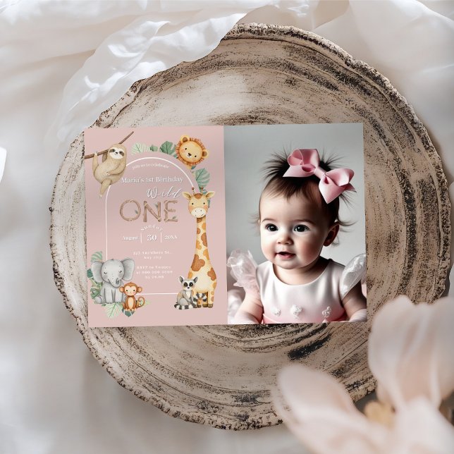 Convite Animais Selvagens Tropicais Rosa Um Safari Selvage (Criador carregado)
