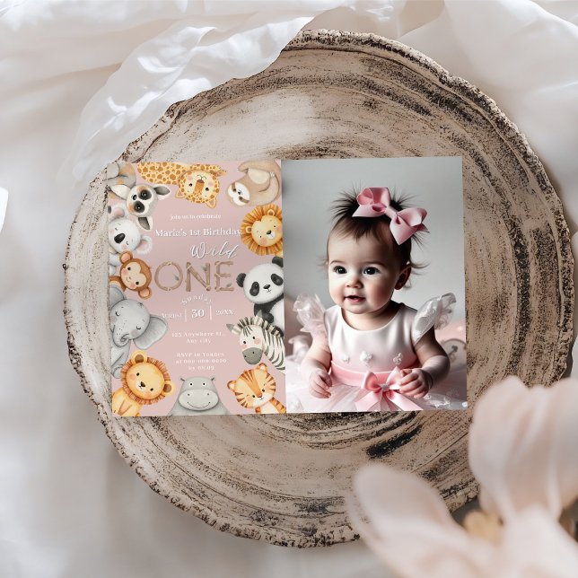 Convite Animais Selvagens Tropicais Rosa Um Safari Selvage (Criador carregado)