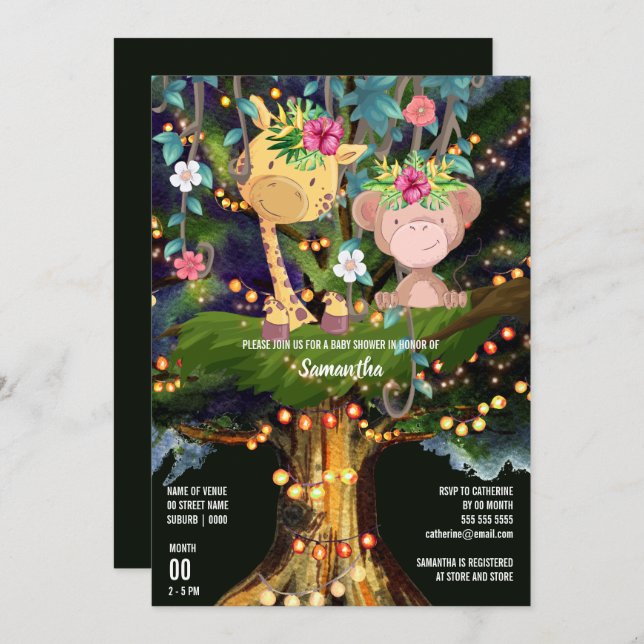 Convite Animais tropicais da selva noturna luzes girafa ma (Frente/Verso)