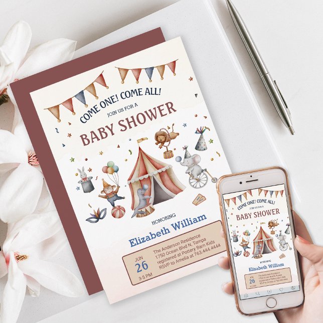 Convite Animais Whimsic Chá de fraldas de Circus (Whimsical Animal Circus Party Baby Shower Invitation)