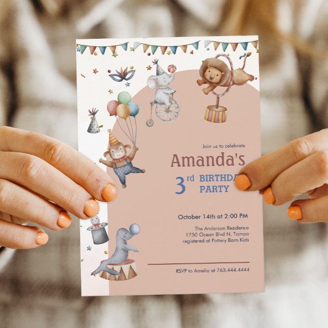 Convite Animais Whimsic Festa de aniversário Circus (Whimsical Animals Circus Birthday Party Invitation)