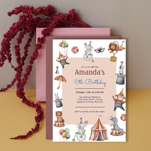 Convite Animais Whimsic Festa de Aniversário de criança de (Whimsical Animals Circus Birthday Party Invitation)