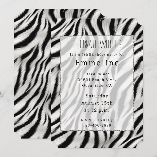 Convite Animal com Estampa de Zebra Preto e Branco (Frente/Verso)