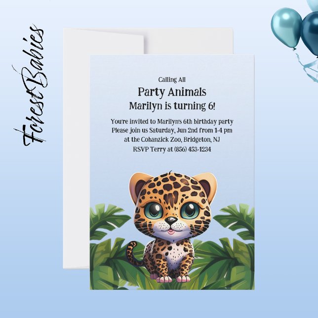 Convite Animal do Partido da Selva Tropical Safari do Leop (Leopard 🐆  Tropical Birthday 🌴 Party Animal Customizable ForestBabies Invitation)