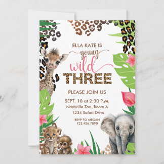 Convite Animal Safari Terceiro Aniversário Jovem Selvagem 