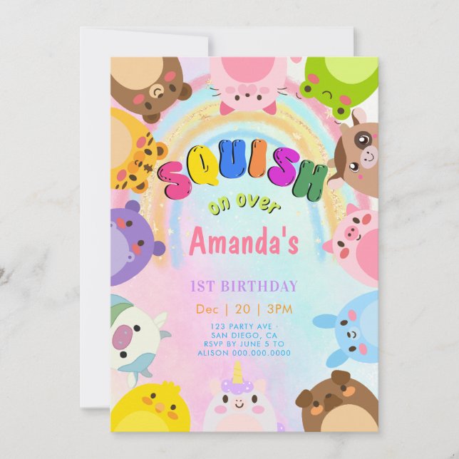 Convite Animal Squish On Over rainbow  girl Birthday (Frente)