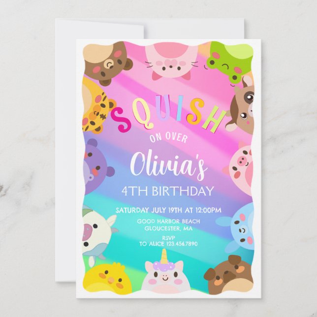 Convite Animals Squish Girl Birthday party (Frente)