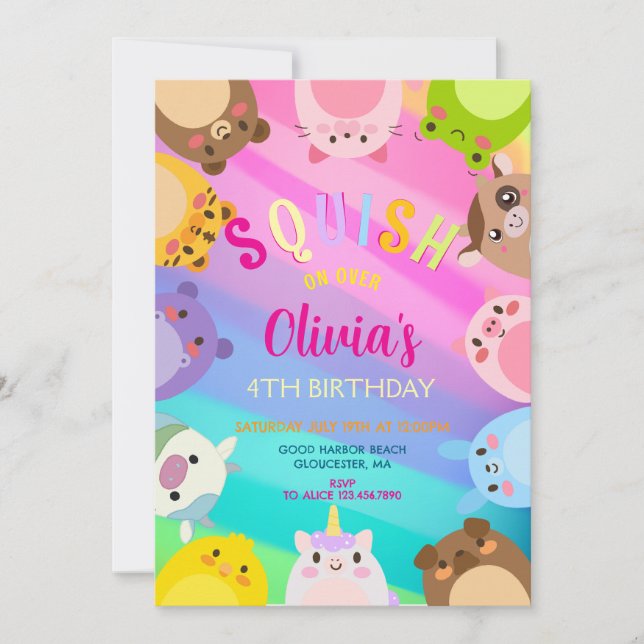 Convite Animals Squish Girl Birthday party (Frente)