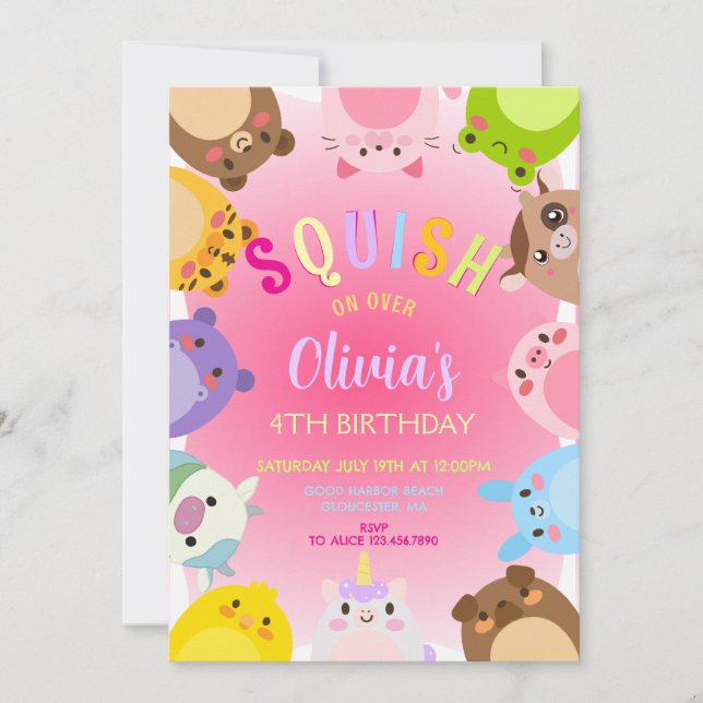 Convite Animals Squish Girl Birthday party (Frente)