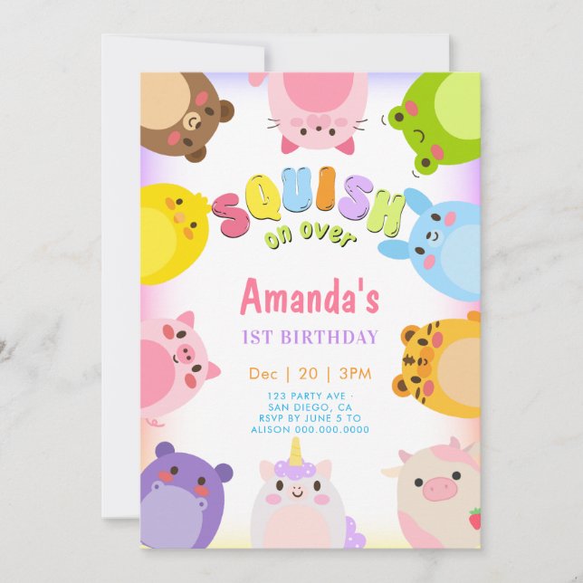 Convite Animals Squish On Over rainbow Birthday (Frente)
